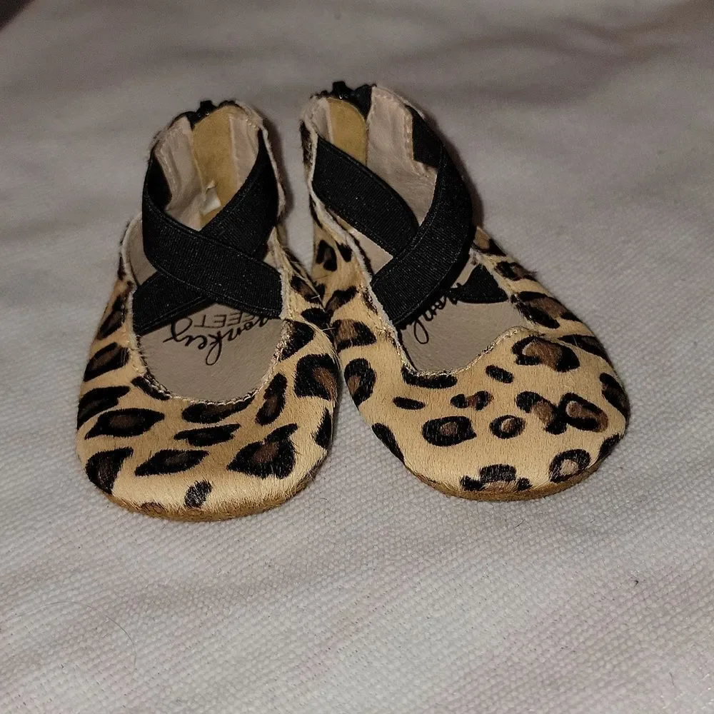 MONKEY FEET Cheetah Print Soft Bottom Leather Ballerina Moccasins Size 6-12 mths